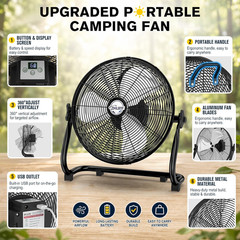 14″ Solar Powered Fan with 20W Solar Panel & Rechargeable Battery, Portable, Qui