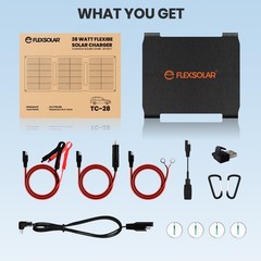 FlexSolar 28W Foldable Solar Panel Trickle Charger 12V DC USB O-Rings OBDII