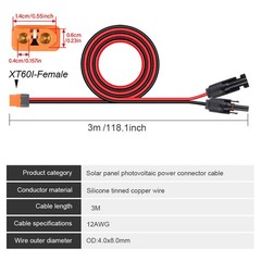 12AWG XT60i Female to Solar Connector Extension Cable for Solar Generator 10ft