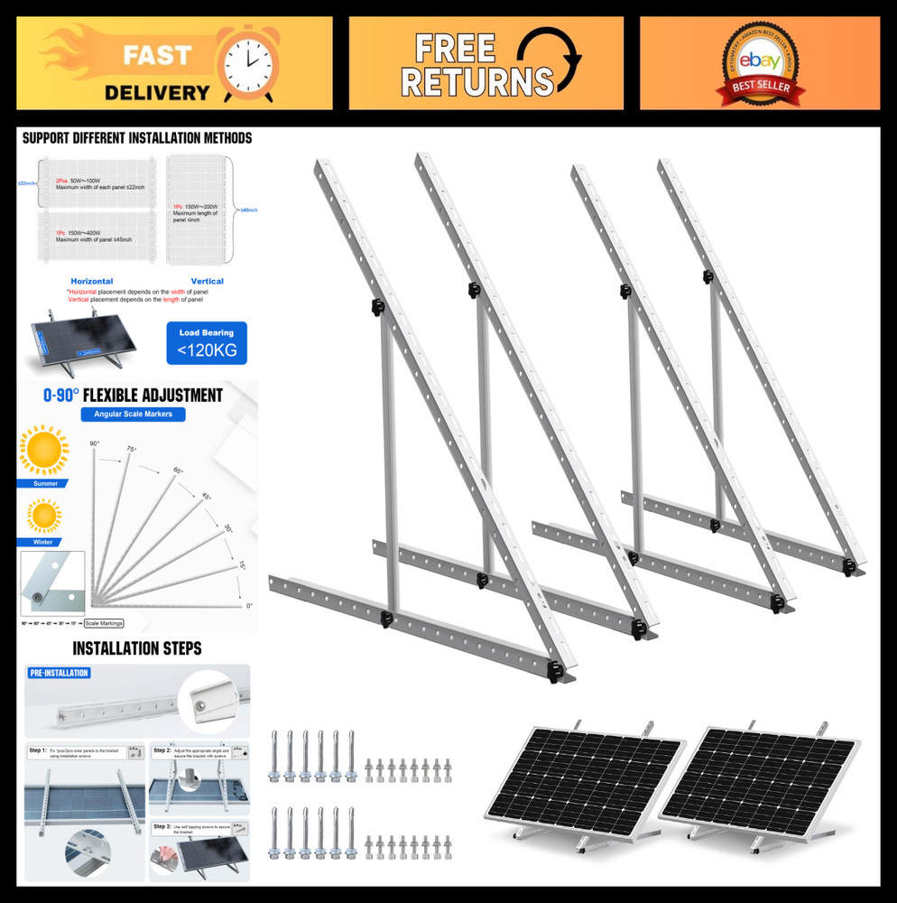 Adjustable Solar Panel Mount Brackets – 45″ Tilt for 2-4pcs 100W-400W, Roof/RV/B