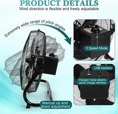 15000Mah 12 Inch Solar Panel Powered Fan, 2 in 1 Solar Panel or AC Charger Power