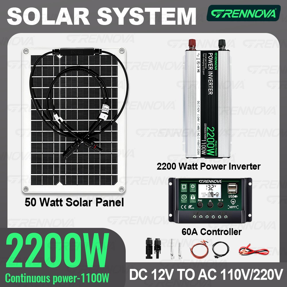 Grennova 2200W Solar System 50W Panel 12V To 110V/220V Inverter 60A Controller