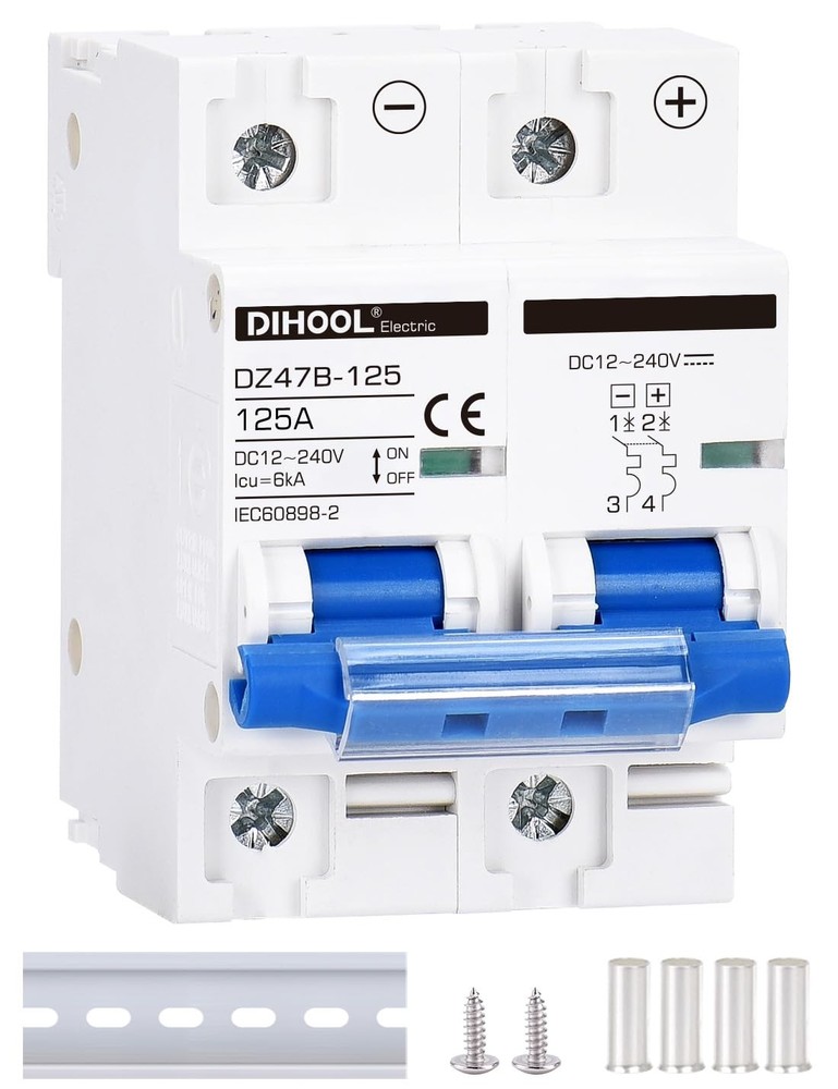 DIHOOL 125 Amp dc circuit breaker, 2-pole 12V to 240 Volt DIN Rail Mount solar d