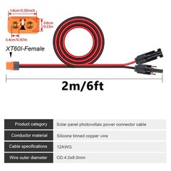 6ft/2m Solar Panel Extension Charging Cable XT60i Female to Solar Connector Wire