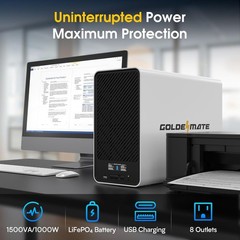 Goldenmate 1500VA 1000W Pure Sine Wave UPS Backup Power Supply LiFePO4 Battery