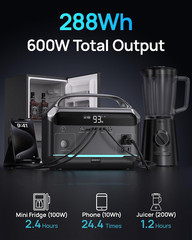 Portable Power Station 600W (1200W Peak), 288Wh Solar Generator Lifepo4 Battery