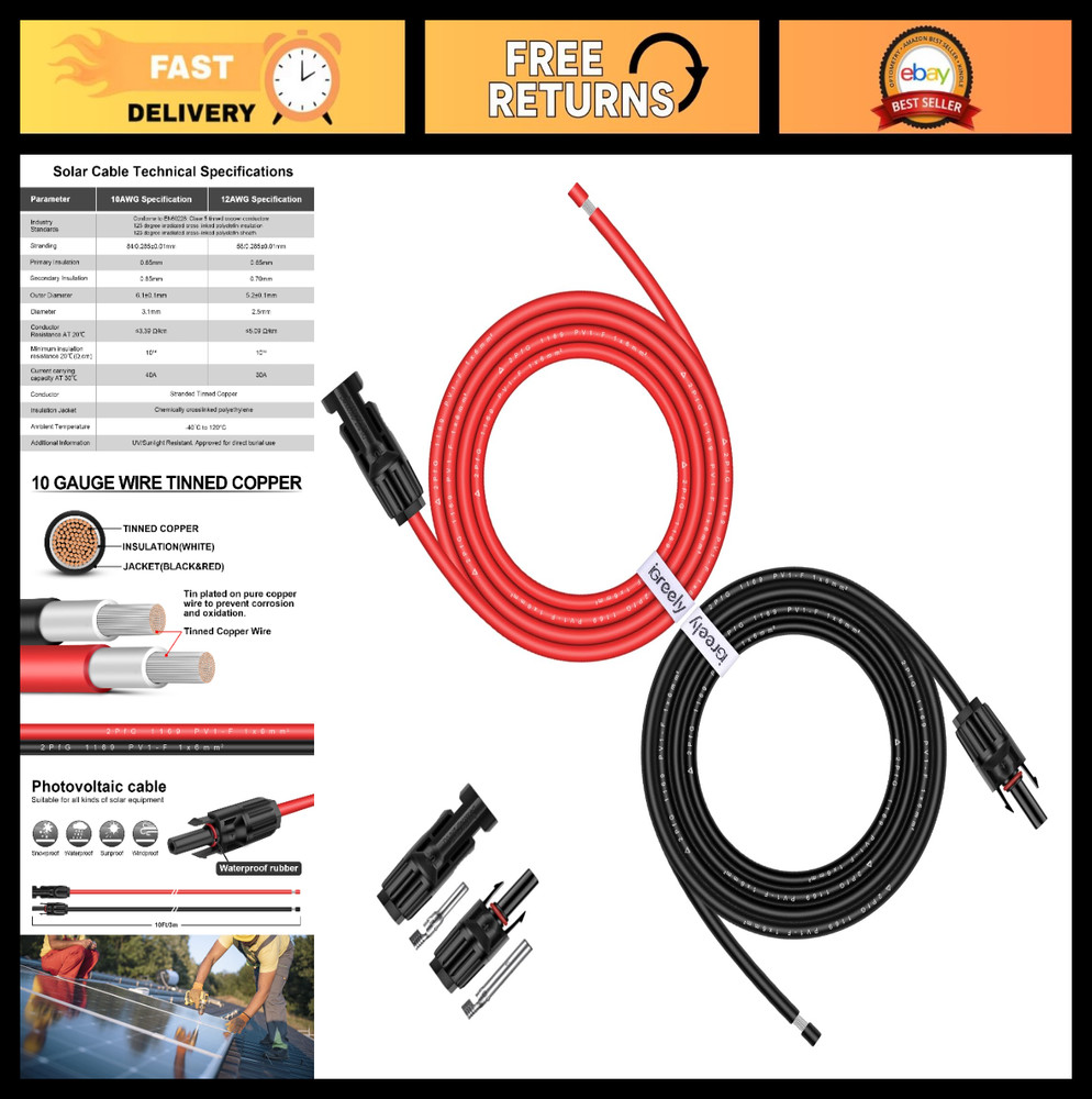 10FT Solar Panel Extension Cable 10AWG (6mm²) with Male & Female Connectors – Re