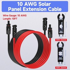 10FT 10AWG Solar Panel Extension Cable PV Wire Solar Connector Pair Black & Red