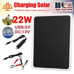 22W Waterproof Solar Panel 12V Trickle Battery Charger Kit Maintainer Boat Car