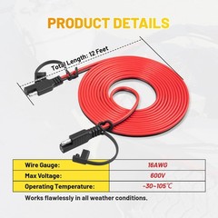 12FT 16AWG Heavy Duty SAE Extension Cable with Polarity Reversing Adapter, 2 Pin