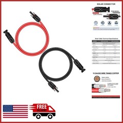 Weatherproof 6ft Solar Panel Extension Cable 10AWG with Male-Female Connectors