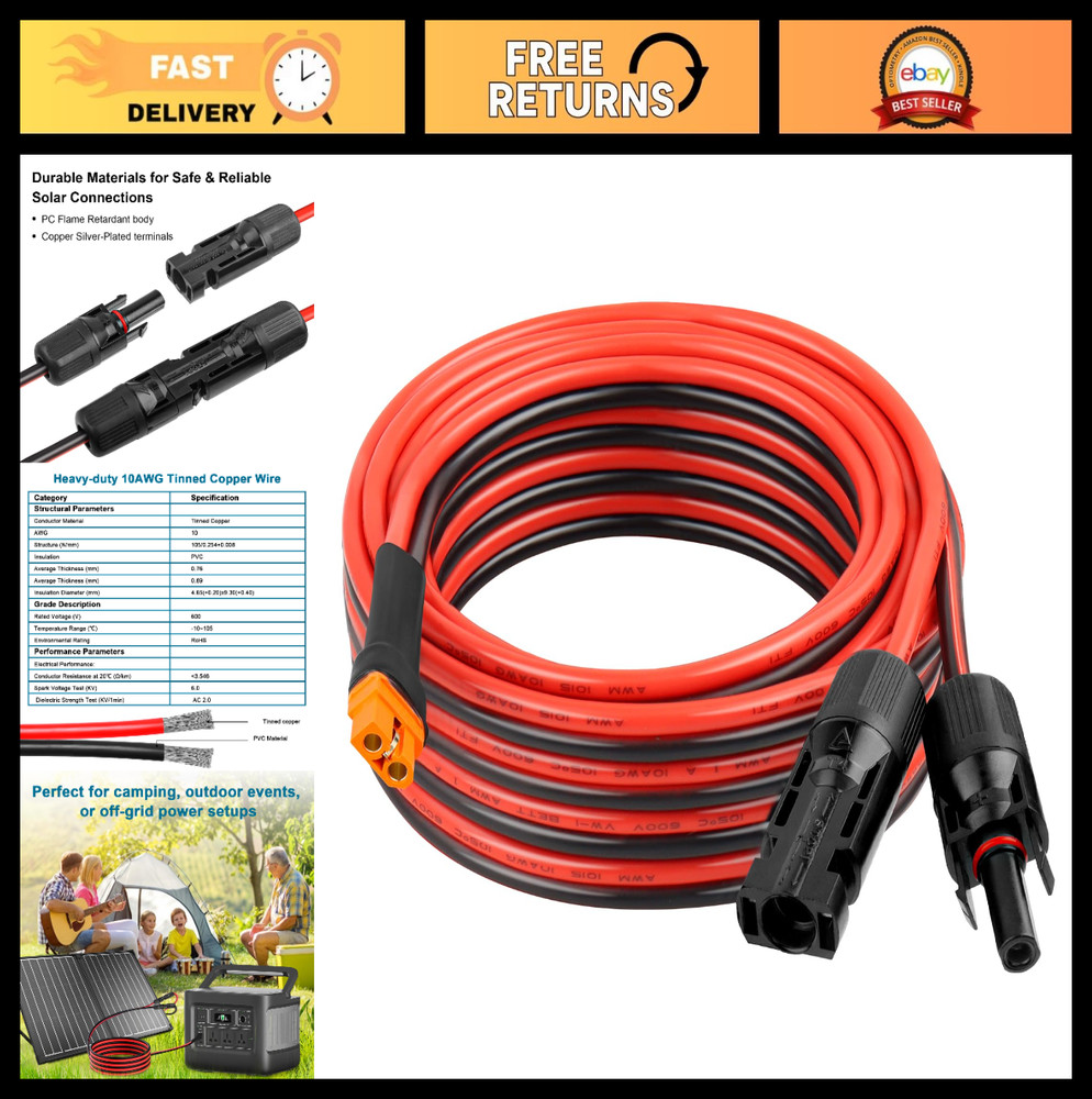 20FT XT60i Solar Panel Adapter Cable – 10AWG Tinned Copper Wire, PVC Jacket, Ext