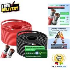 50FT Solar Cable Kit – Red & Black 10AWG, UV & Waterproof for RVs/Boats