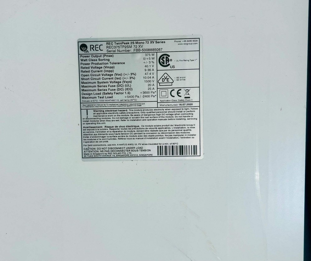 REC375TP2SM 375W Monocrystalline Solar Panel – REC TwinPeak 2S Mono 72 Series