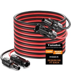 50FT Solar Panel Extension Cable 12AWG with Waterproof Connectors for RV & PV Sy
