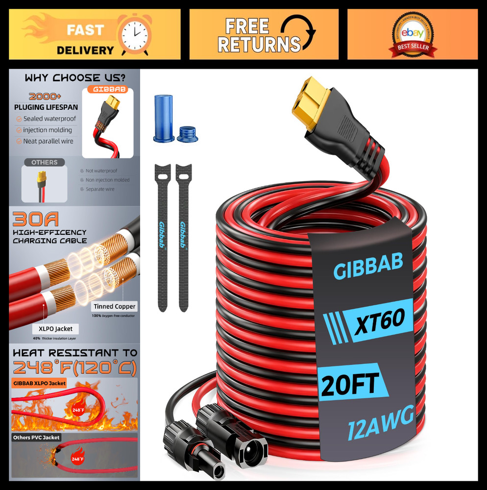 20FT 12AWG Solar Charging Cable XT60 Connector Extension for LiFePO4 Battery RV