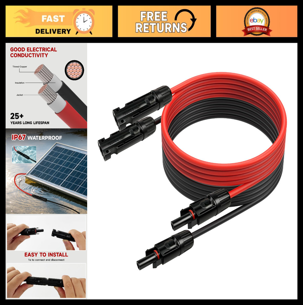 10FT 10AWG Solar Panel Extension Cable – IP68 Waterproof, Tool-Free Connectors,