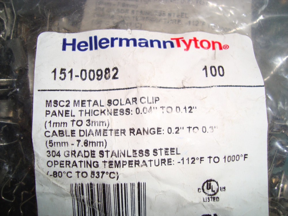Hellermann Tyton MSC2 304 Stainless Solar Clips 151-00982 **Lot of 349** *NEW*
