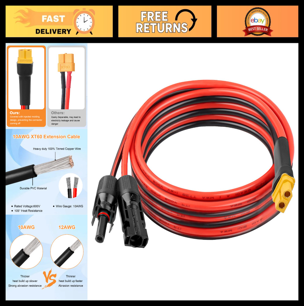 10FT 10AWG XT60 Solar Extension Cable, Male to Female Connector for Power Statio