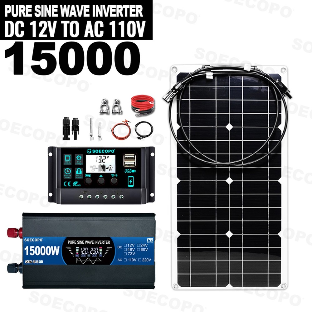15000W Solar System Kit Flexible Panel 12V To 110V 220V for Camp Home ChargerBQ