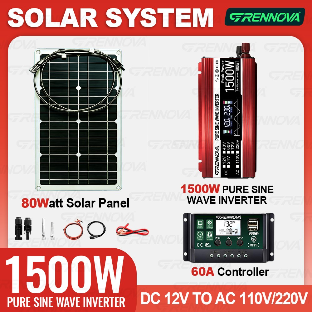 Grennova 1500W Pure Sine Solar Kit 80W 60A MPPT 12V 110/220V Inverter Home Use