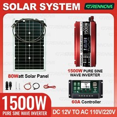 Grennova 1500W Pure Sine Solar Kit 80W 60A MPPT 12V 110/220V Inverter Home Use