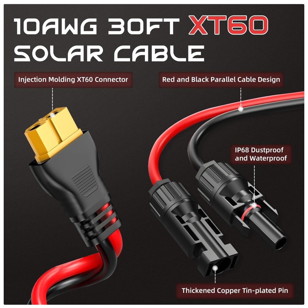 High-Efficiency 30FT 10AWG XT60 Solar Extension Cable