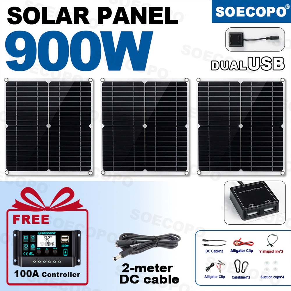 900W Solar Charging Kit with Y-Cable + 2 x 300W Panels + 2M Emergency Power