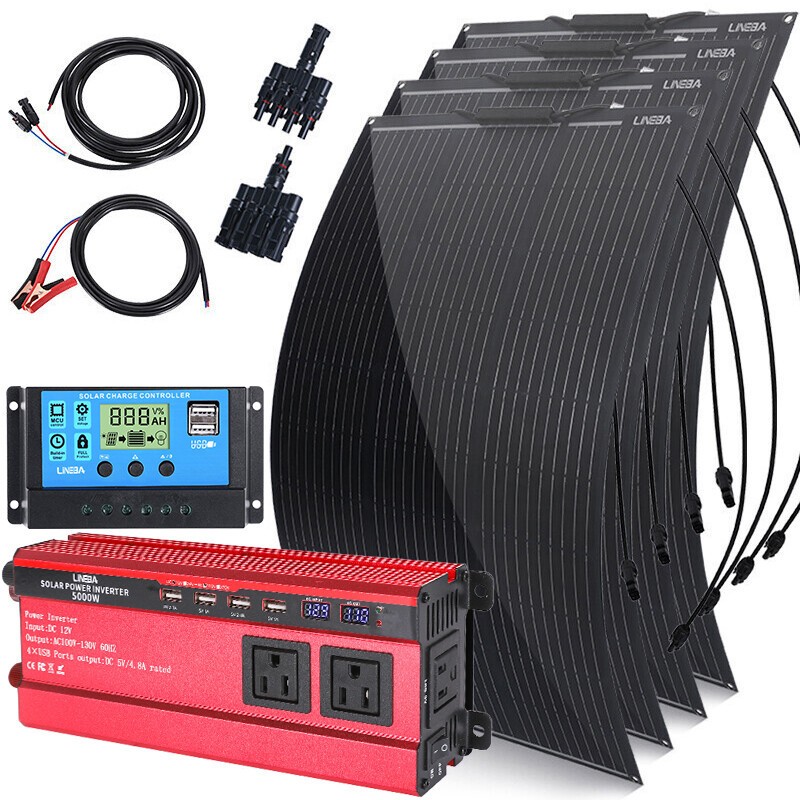 Flexible Solar Panel Starter Kit RV Home w/ Inverter & Battery Charge Controller