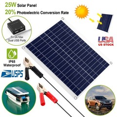Outdoor Solar Panel 12V 25W Car Battery Charger IP68 Waterproof w/ 3.0A Dual USB