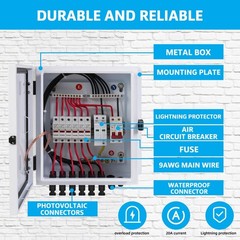 6 String Solar Combiner Box with 20A Fuse, Surge Protection & 63A Breaker