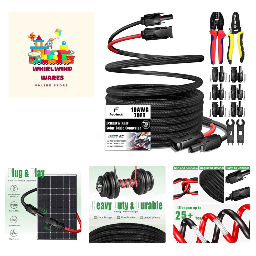 Durable 70 Feet Solar Panel Extension Cable 10AWG with Connectors & Tools