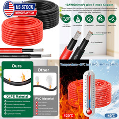 Solar Panel Wire 10 AWG Tinned Copper 30Ft Red Black PV Extension Cable Marine