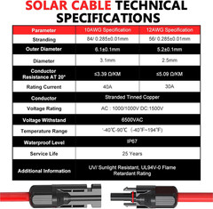 2X20 Feet Solar Panel Extension Cable, 10AWG Solar Cable, Solar Panel Cable with