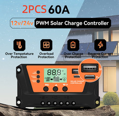 1/2 pieces 60A solar controller, 12V/24V automatic recognition LCD display
