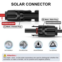 IGreely 50 Ft 10Awg Solar Extension Cable Female Male Connector Red Black