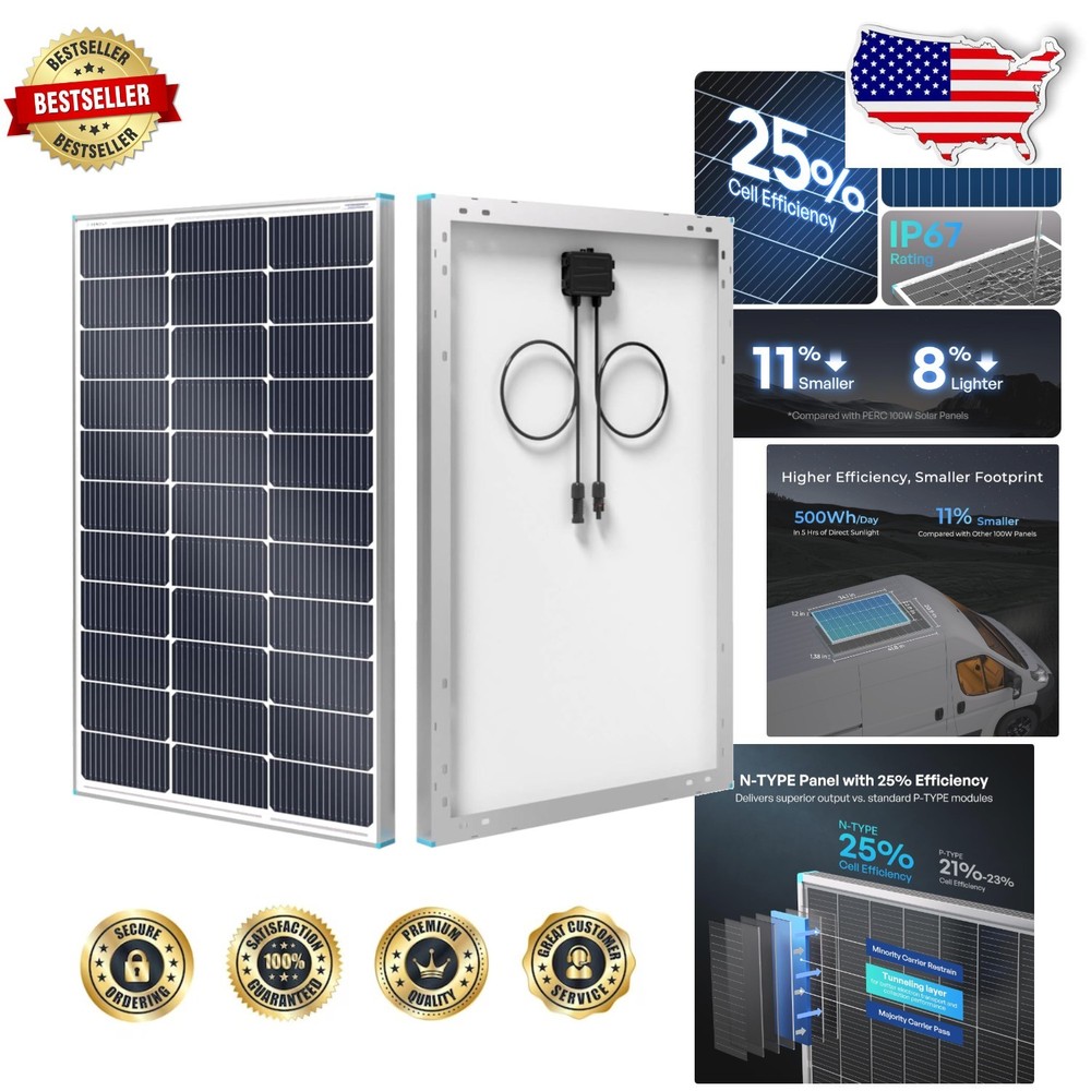 100W Solar Panel 12V N-Type 25% Efficiency RV Marine Off-Grid Charger