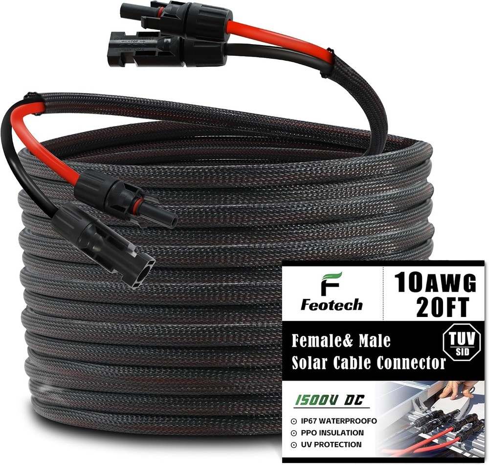 Twin Wire 20FT Solar Extension Cable 10AWG 6mm² Solar Panel Connector