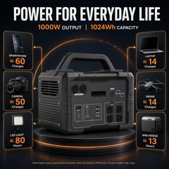 1000W 1024Wh Black Power Station LED Flashlight Outdoor + Home Backup Generator