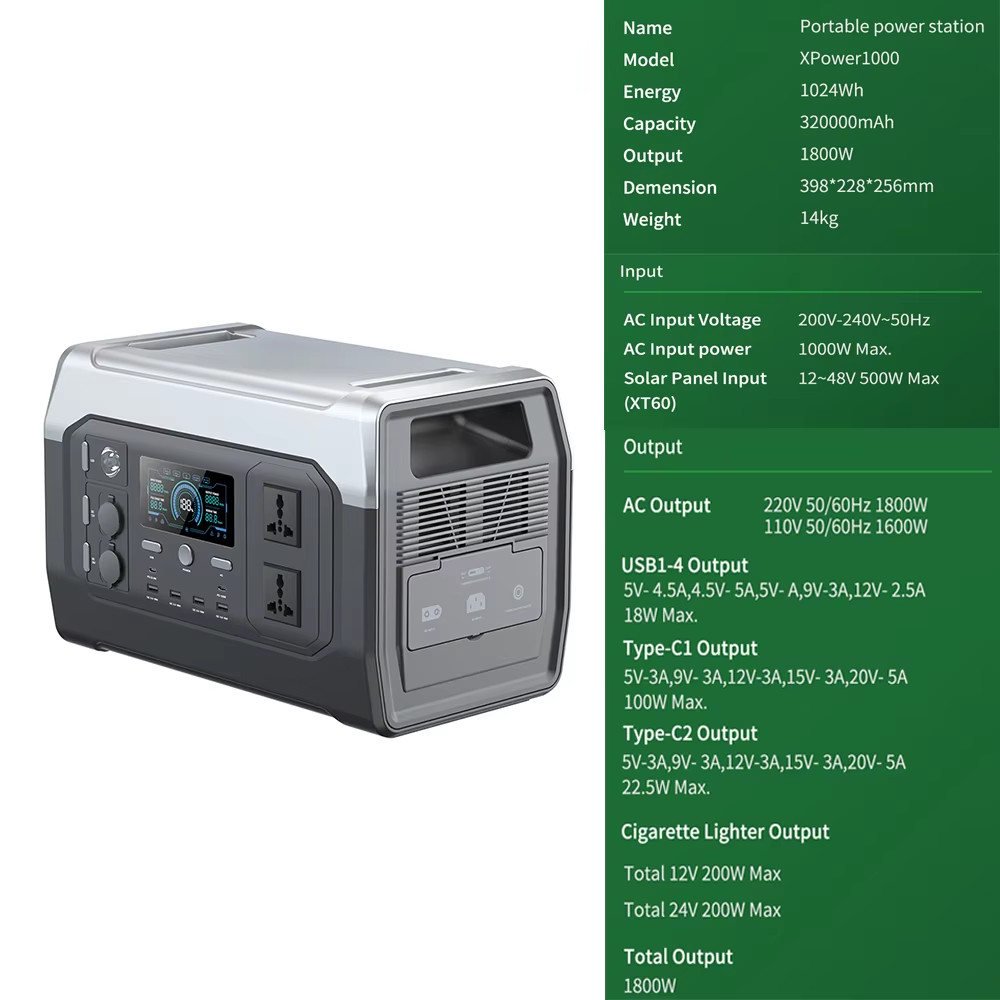 1800W 1024Wh Portable Power Station 320000mAh Lifepo4 battery Pure Sine Wave Sol