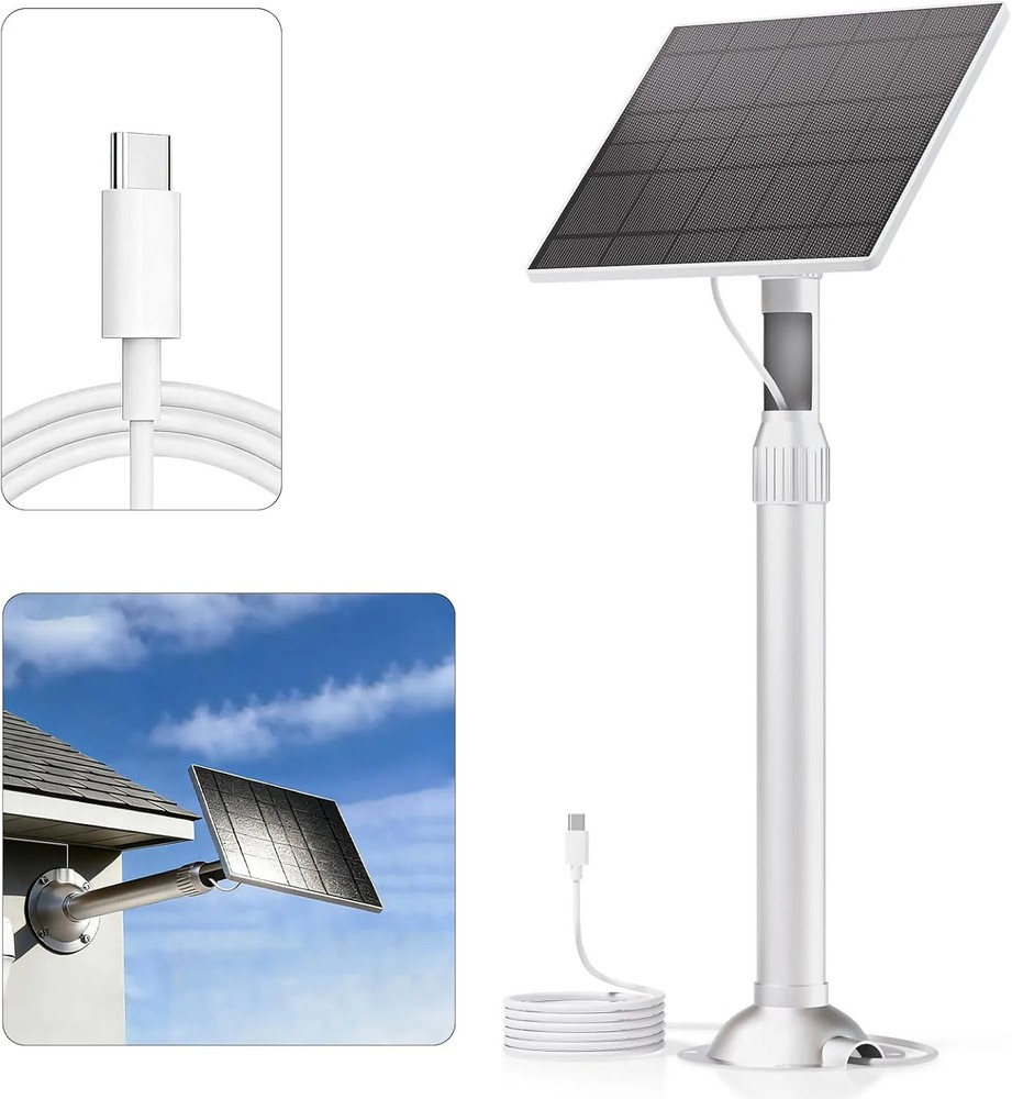 5W Solar Panel For Ring Battery Outdoor Camera With Pole 10ft USB-C Cable Mount