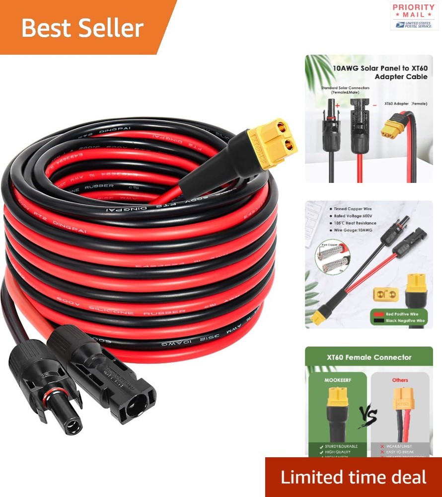 25FT Solar to XT60 Cable Heavy Duty 10AWG Male to Female Waterproof Connection