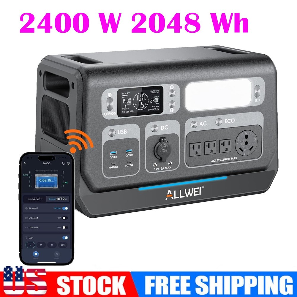 Power Station 2400W/2048Wh Solar Generator Emergency Power for Battery Backup