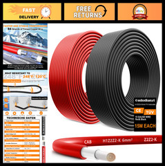 50FT Red & Black Solar Panel Wire 10AWG Tinned Copper PV Cable for RV, Boat, Out