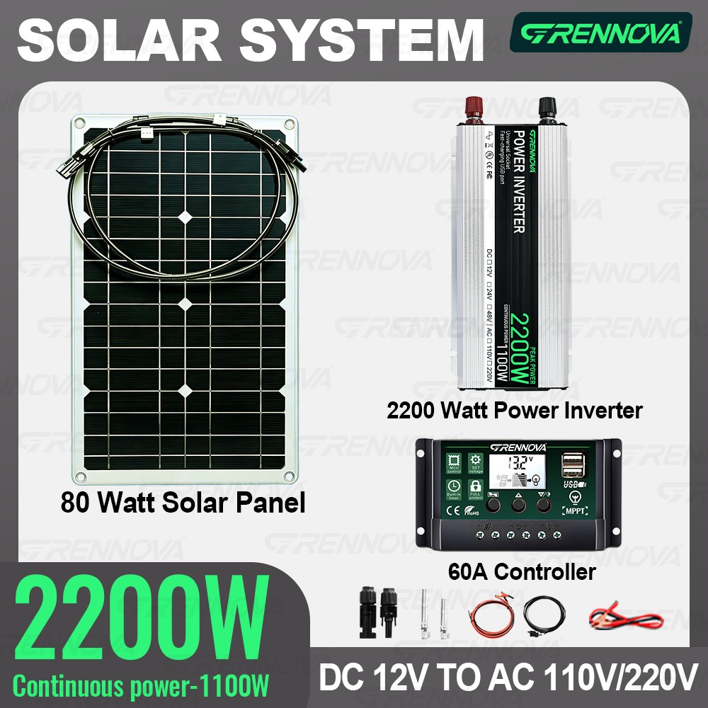2200W Real Power Solar System Complete Kit 80W Panel Inverter 60A Controller
