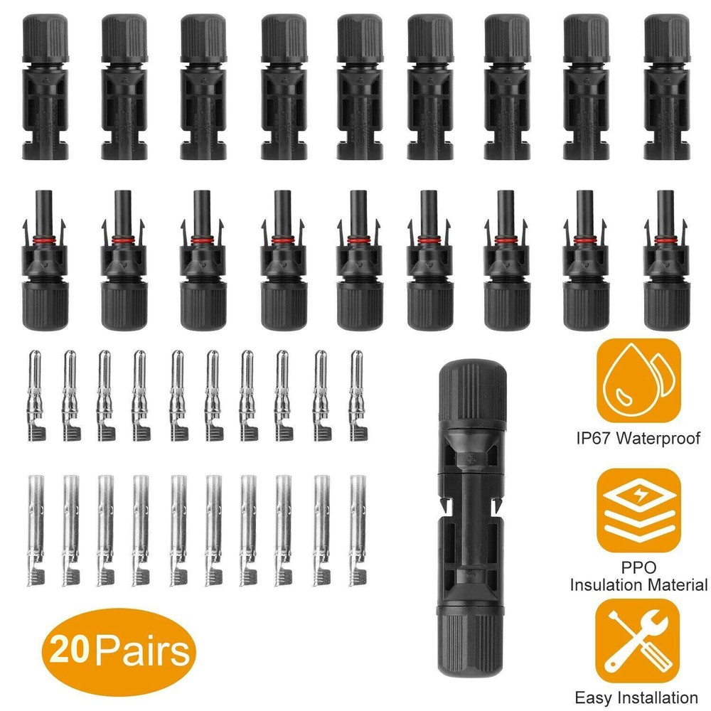 20 Pairs Solar Panel Cable Wire Connectors Kit Male & Female Waterproof Adapter