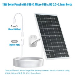 VUEBEE 13W Solar Panel for Outdoor Security Cameras, USB-C, Micro USB & 5.5×2.1m