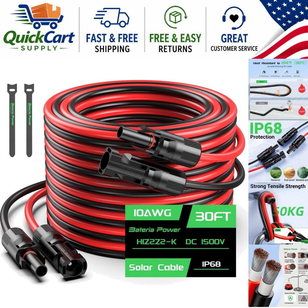Weatherproof 30FT 10AWG Solar Cable Set for Efficient Photovoltaic Connections