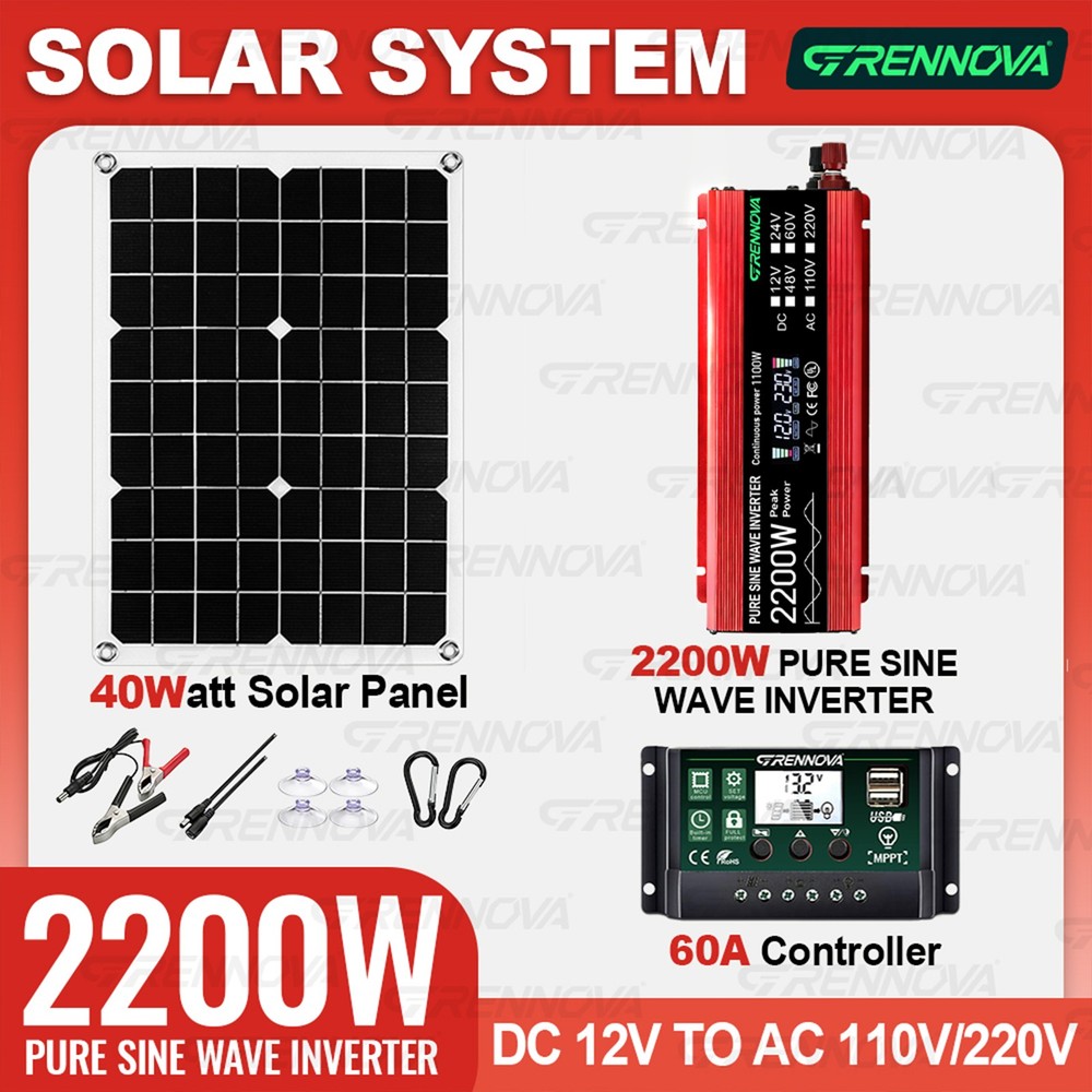 Grennova 2200W Off-Grid Solar Kit 60A MPPT Pure Sine Home RV Backup