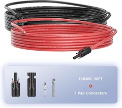 10AWG Solar Panel Extension Cable 50FT Black+Red Cable Flexible Wire Connectors